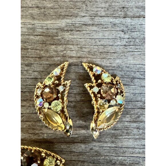 Emmons BOpen Back Rhinestone Lily Flower Brooch Pin Earrings Demi parure - Picture 2 of 10